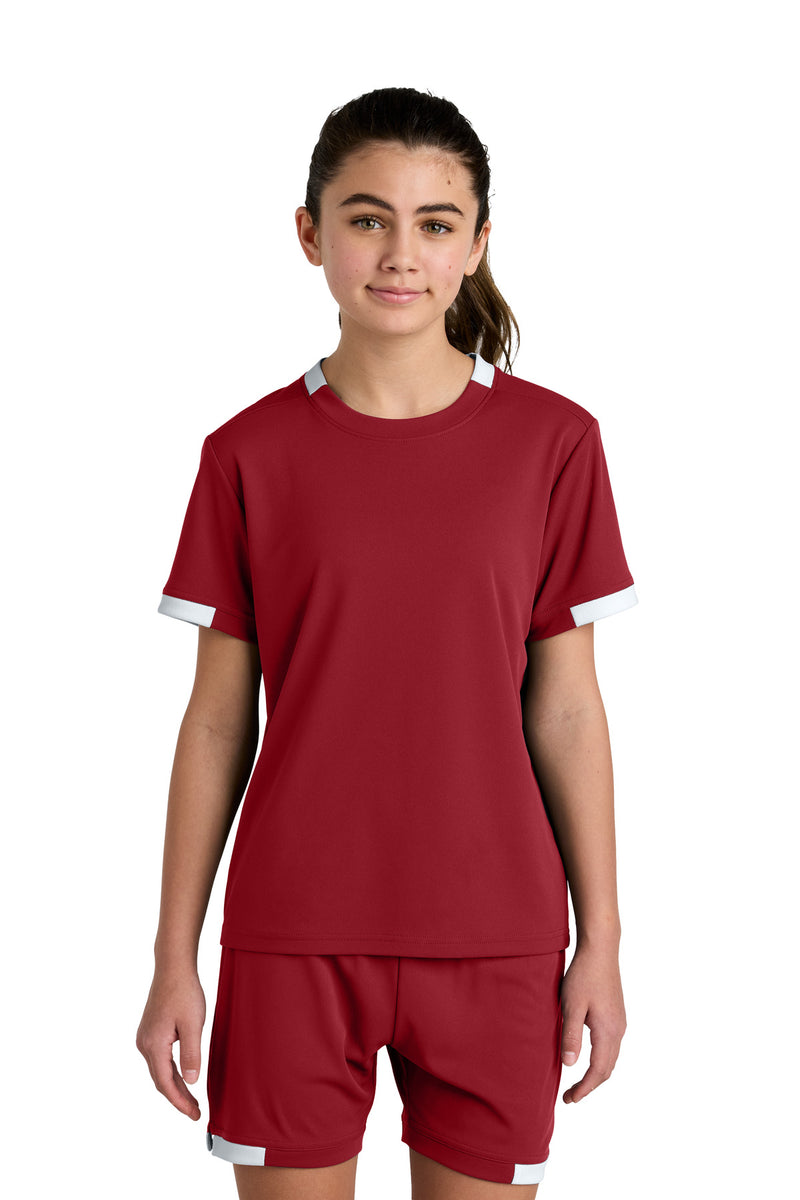 Sport-Tek Youth Club Short Sleeve Crew - Deep Red/ White