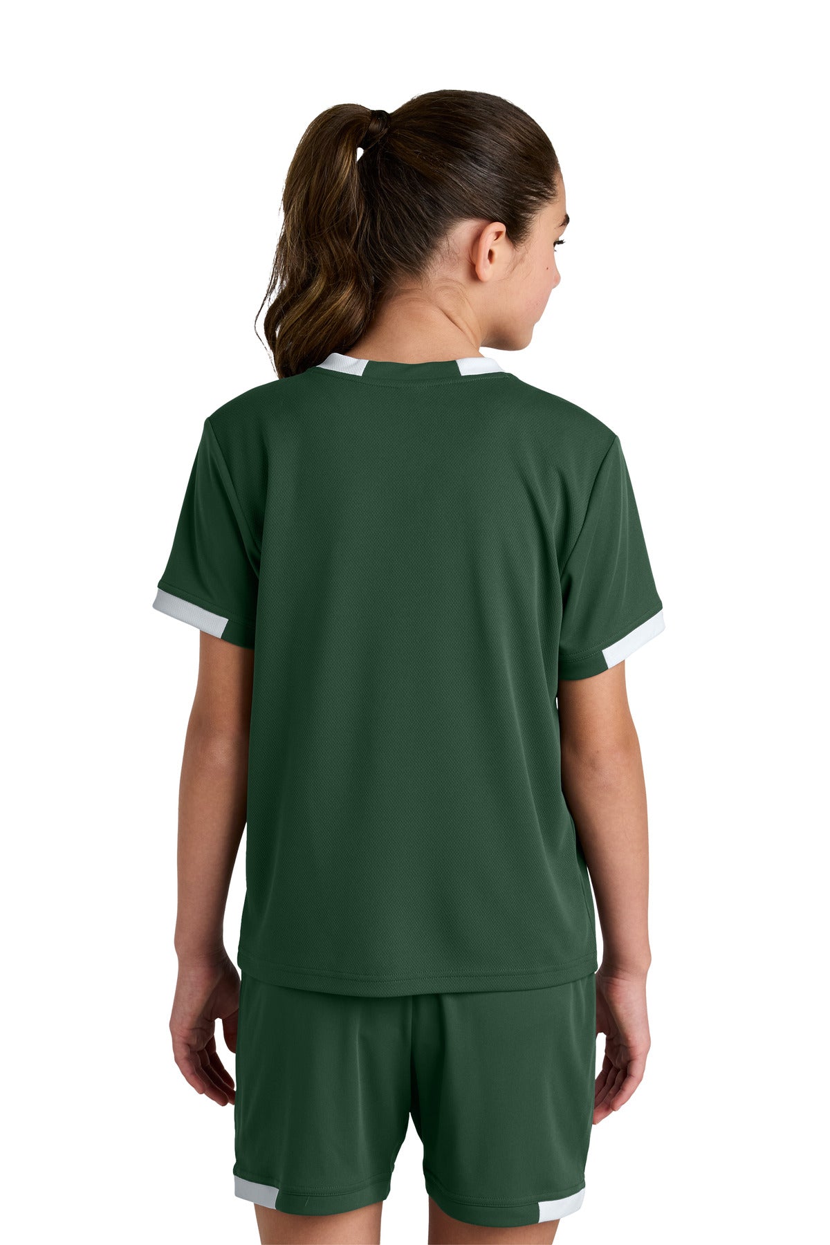 Sport-Tek Youth Club Short Sleeve Crew - Forest Green/ White