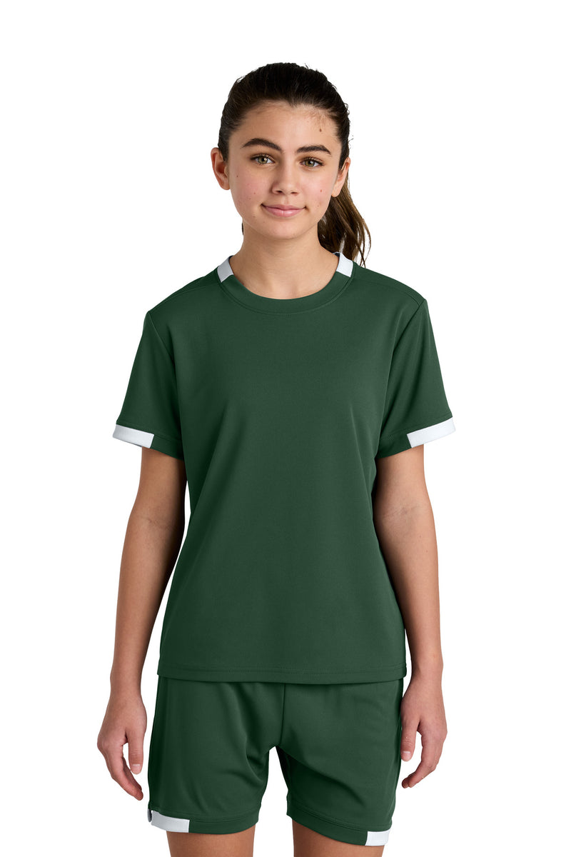 Sport-Tek Youth Club Short Sleeve Crew - Forest Green/ White
