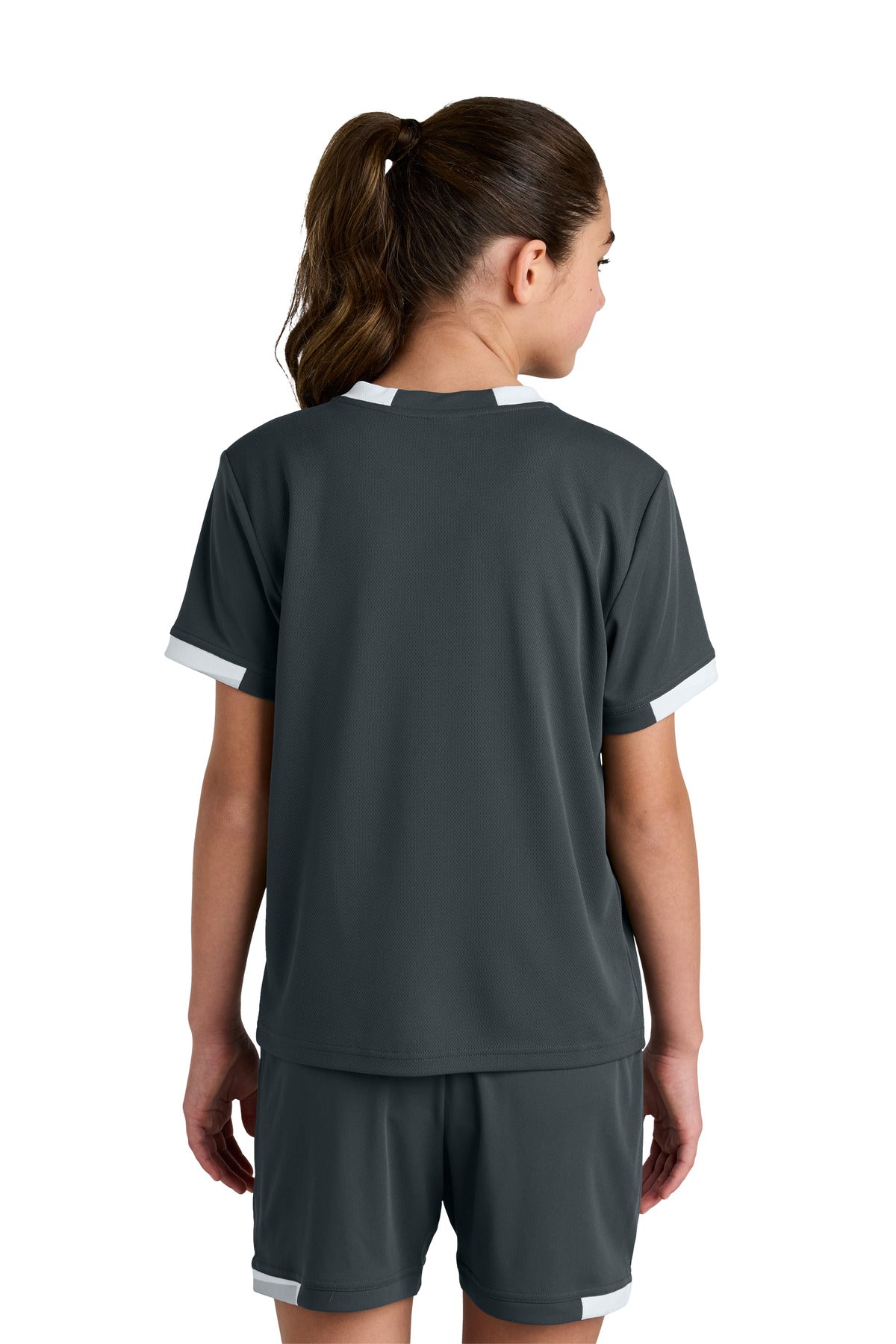 Sport-Tek Youth Club Short Sleeve Crew - Iron Grey/ White