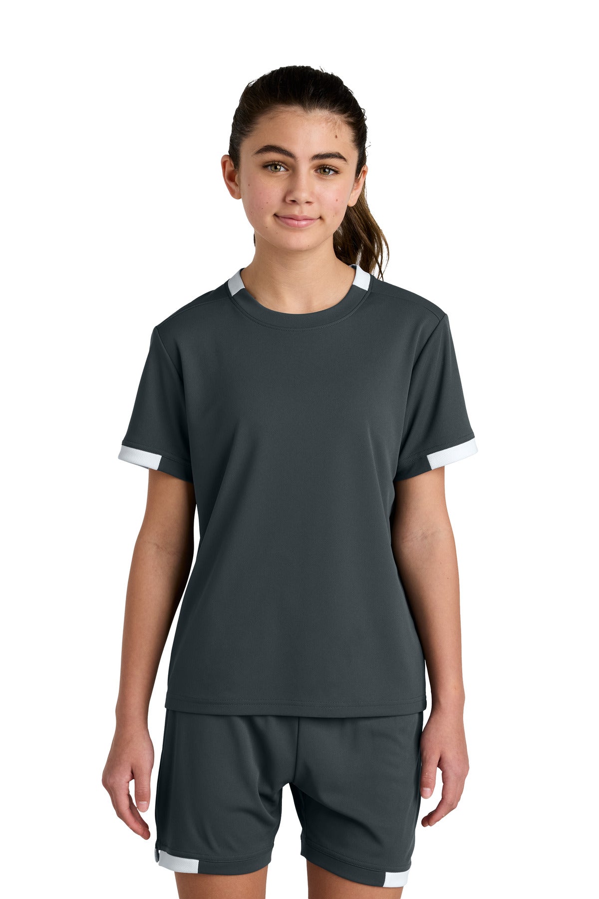 Sport-Tek Youth Club Short Sleeve Crew - Iron Grey/ White