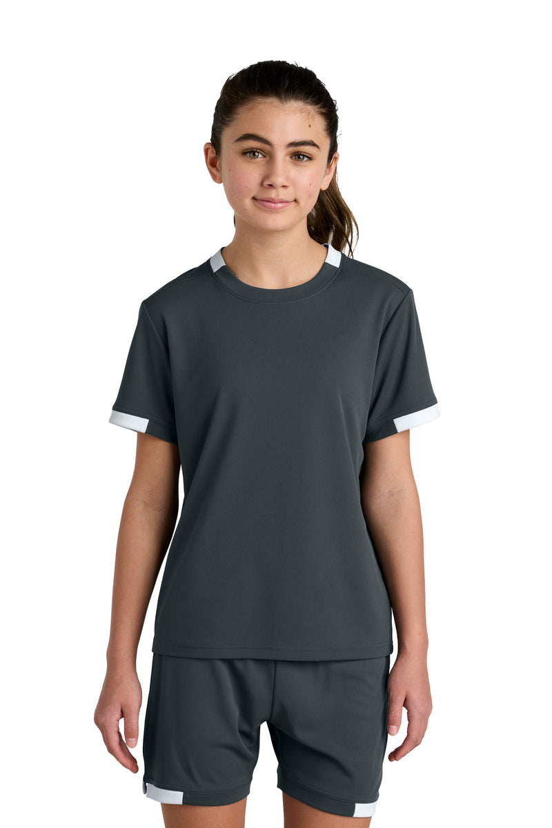 Sport-Tek Youth Club Short Sleeve Crew - Iron Grey/ White