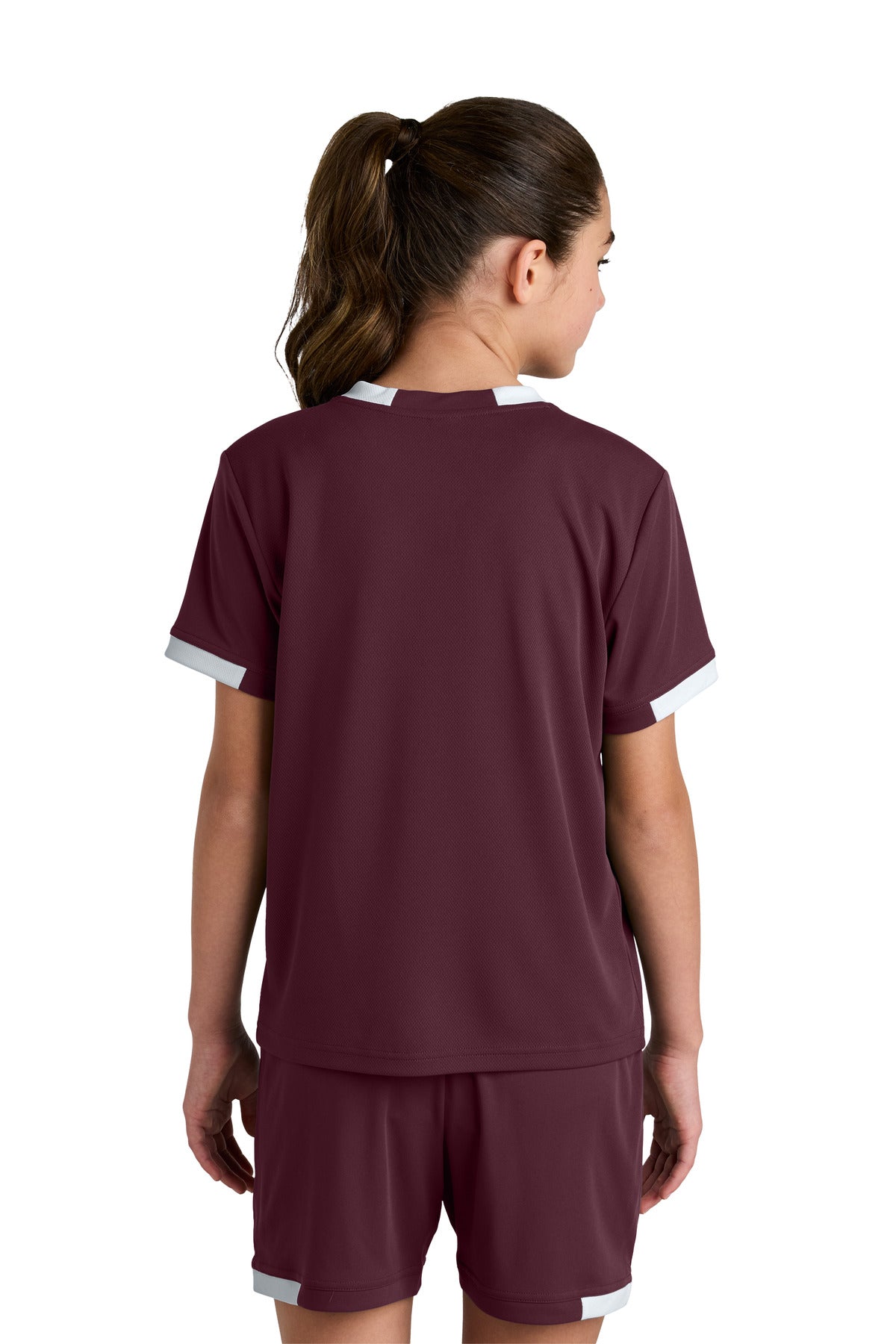 Sport-Tek Youth Club Short Sleeve Crew - Maroon/ White