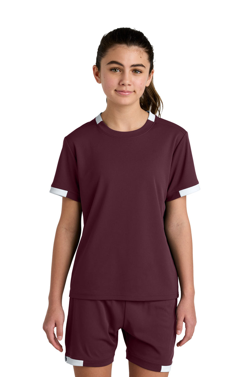 Sport-Tek Youth Club Short Sleeve Crew - Maroon/ White