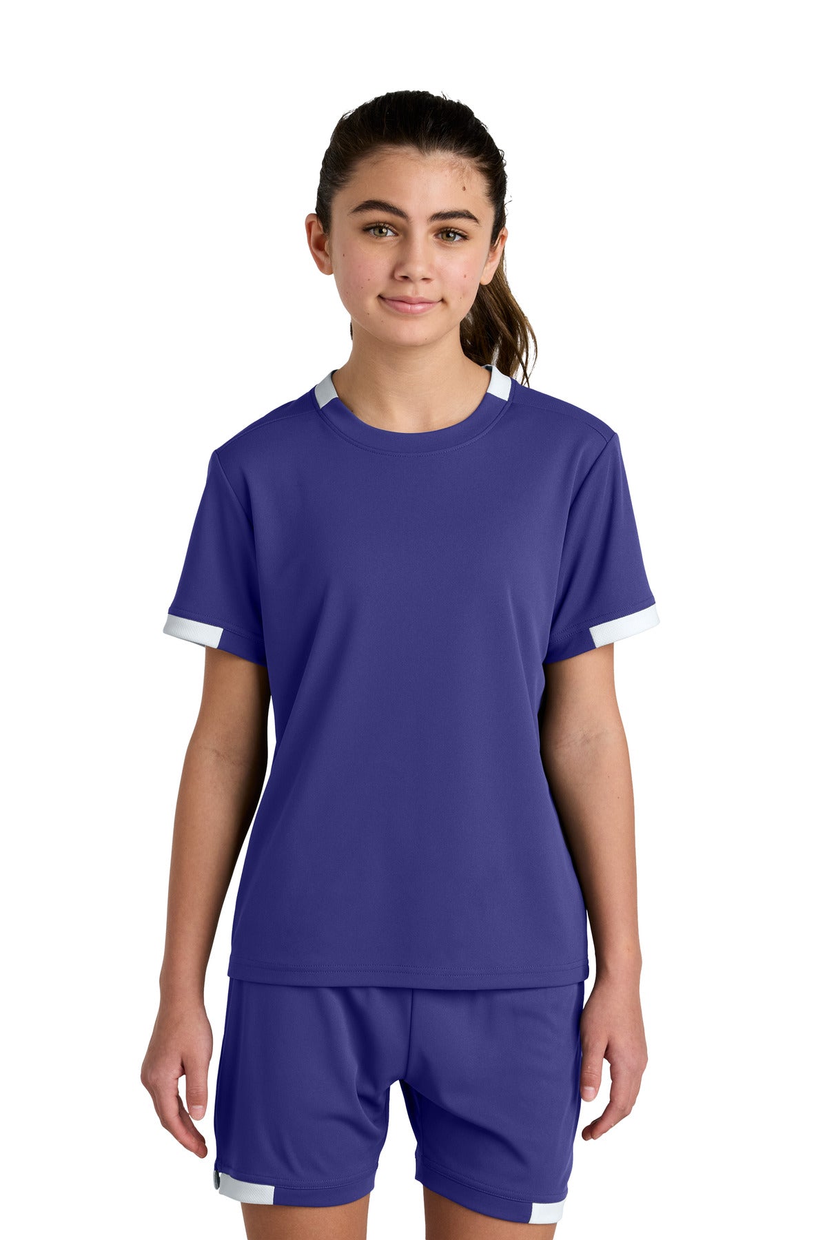 Sport-Tek Youth Club Short Sleeve Crew - Purple/ White