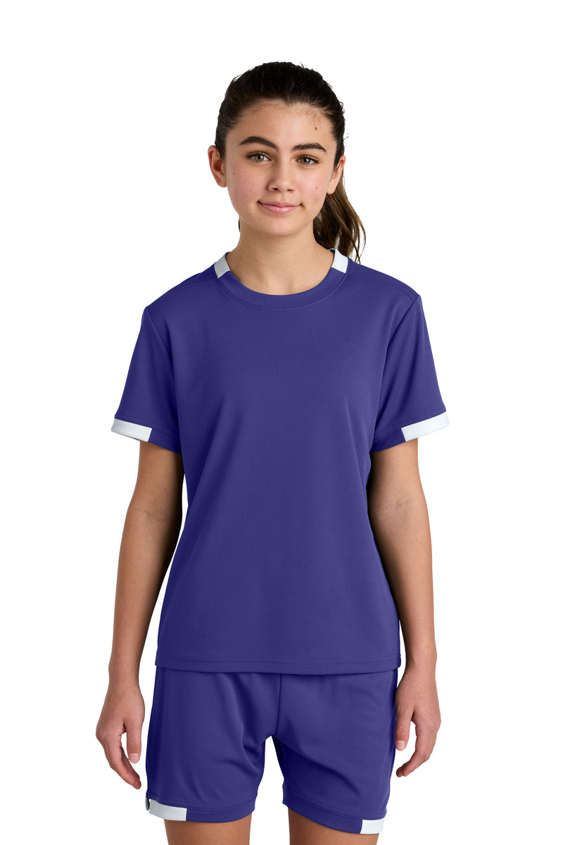Sport-Tek Youth Club Short Sleeve Crew - Purple/ White