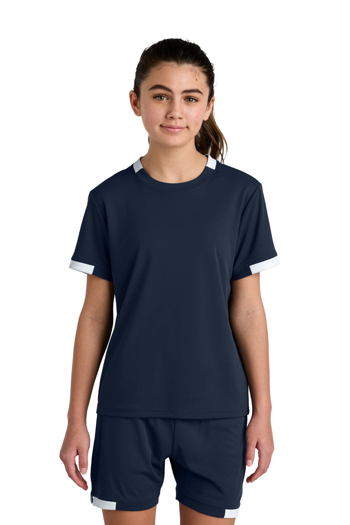 Sport-Tek Youth Club Short Sleeve Crew - True Navy/ White