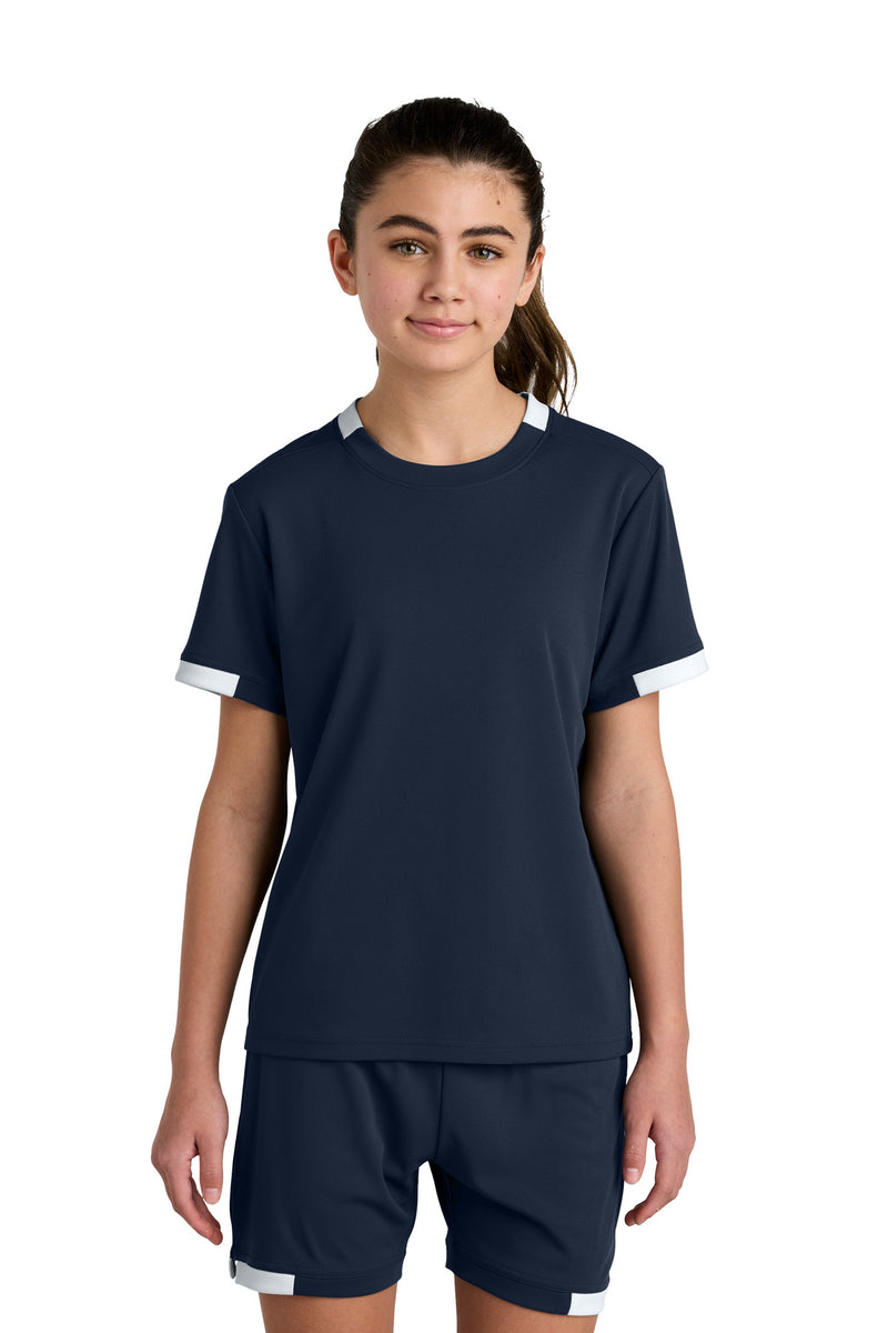 Sport-Tek Youth Club Short Sleeve Crew - True Navy/ White