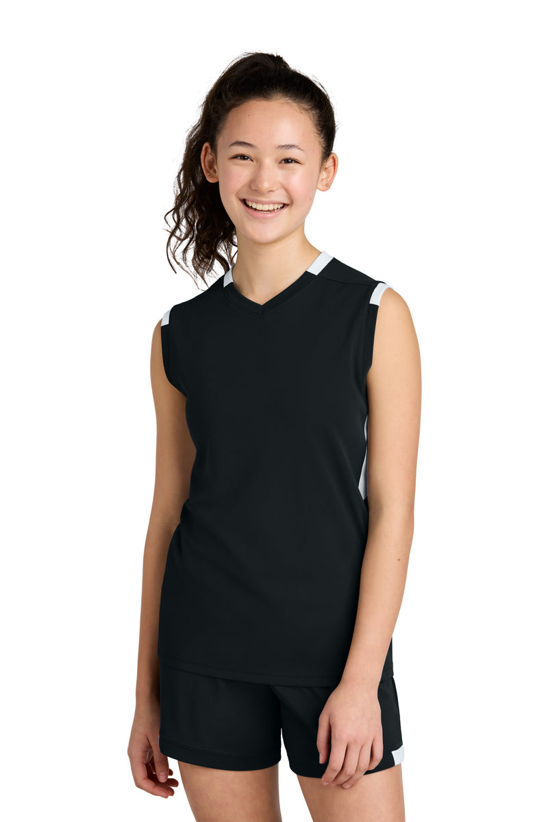 Sport-Tek Youth Club Sleeveless V-Neck - Black/ White