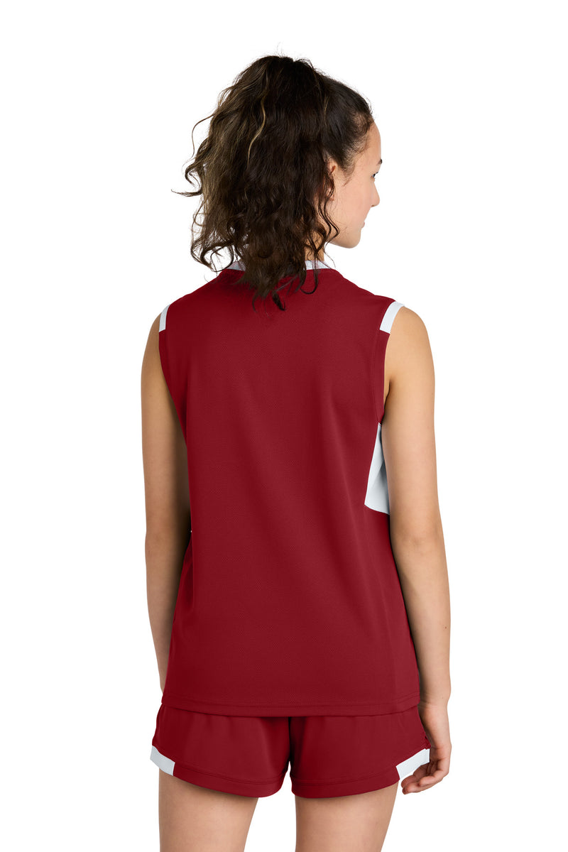 Sport-Tek Youth Club Sleeveless V-Neck - Deep Red/ White
