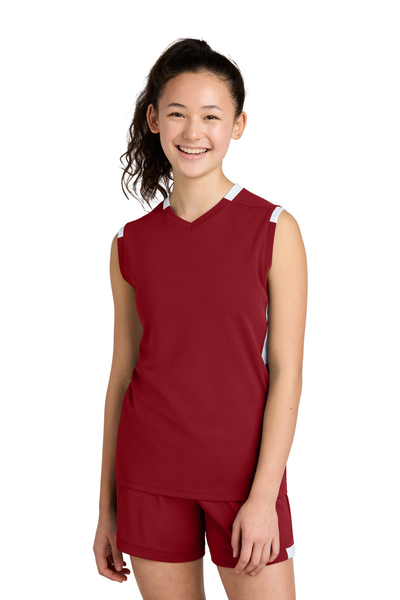 Sport-Tek Youth Club Sleeveless V-Neck - Deep Red/ White