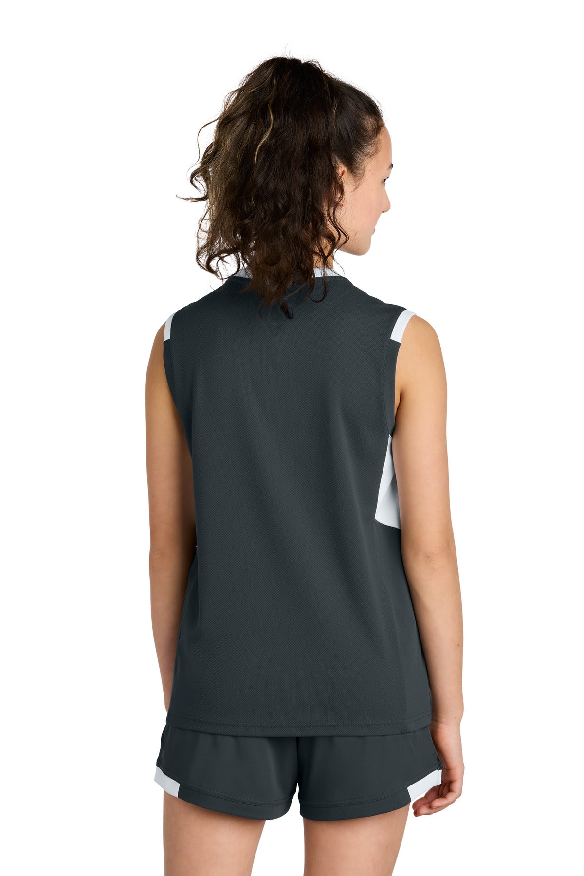 Sport-Tek Youth Club Sleeveless V-Neck - Iron Grey/ White