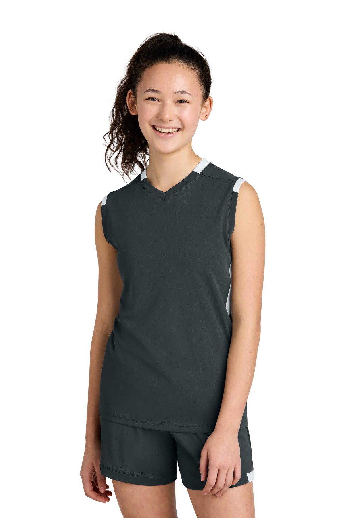 Sport-Tek Youth Club Sleeveless V-Neck - Iron Grey/ White