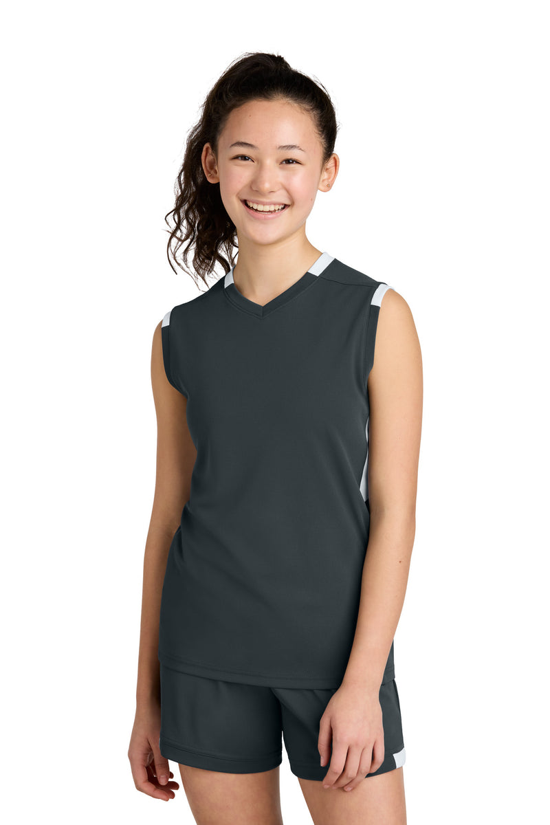 Sport-Tek Youth Club Sleeveless V-Neck - Iron Grey/ White