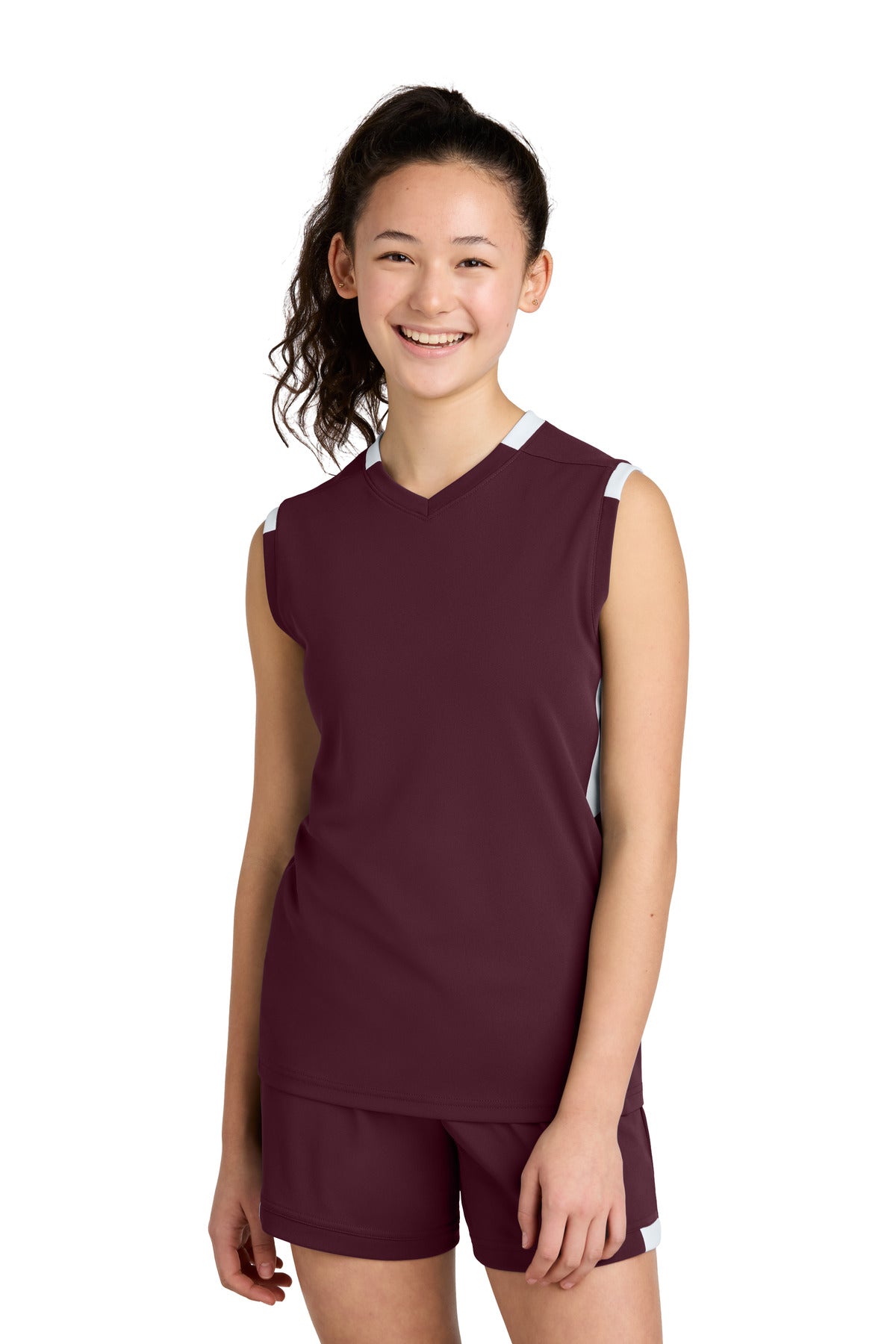 Sport-Tek Youth Club Sleeveless V-Neck - Maroon/ White