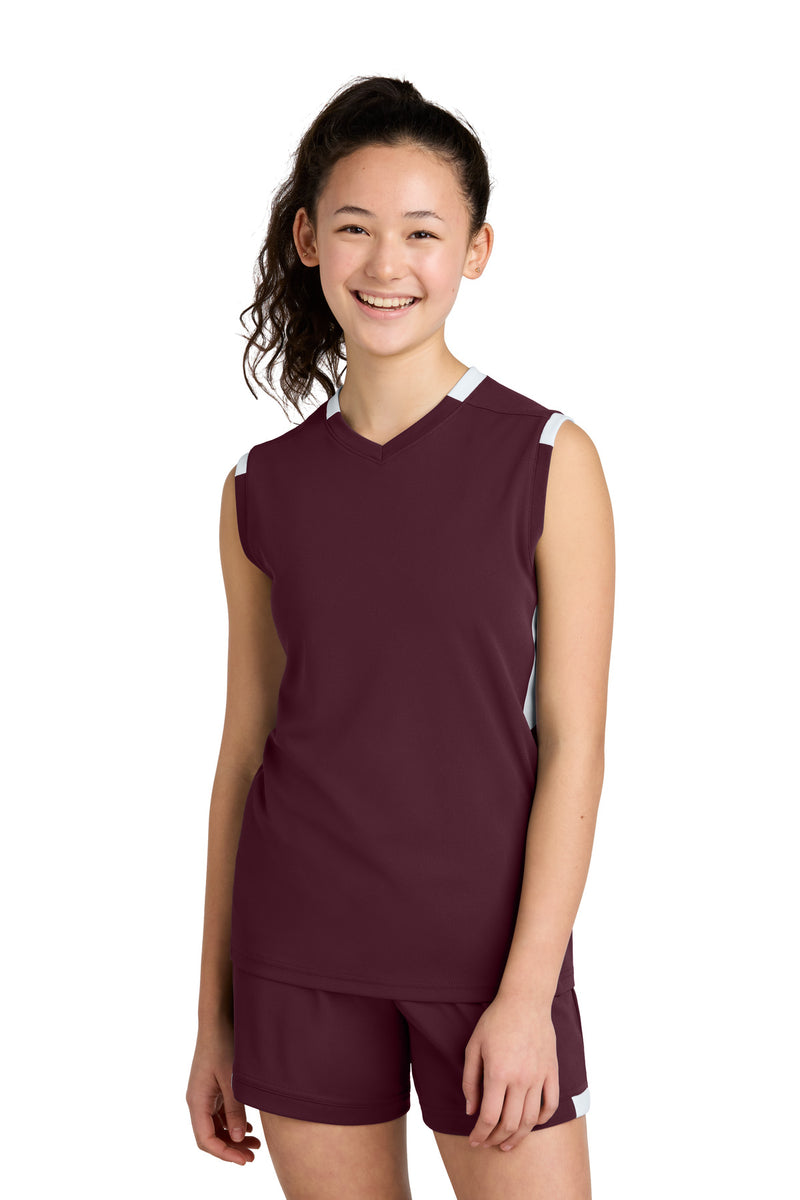 Sport-Tek Youth Club Sleeveless V-Neck - Maroon/ White