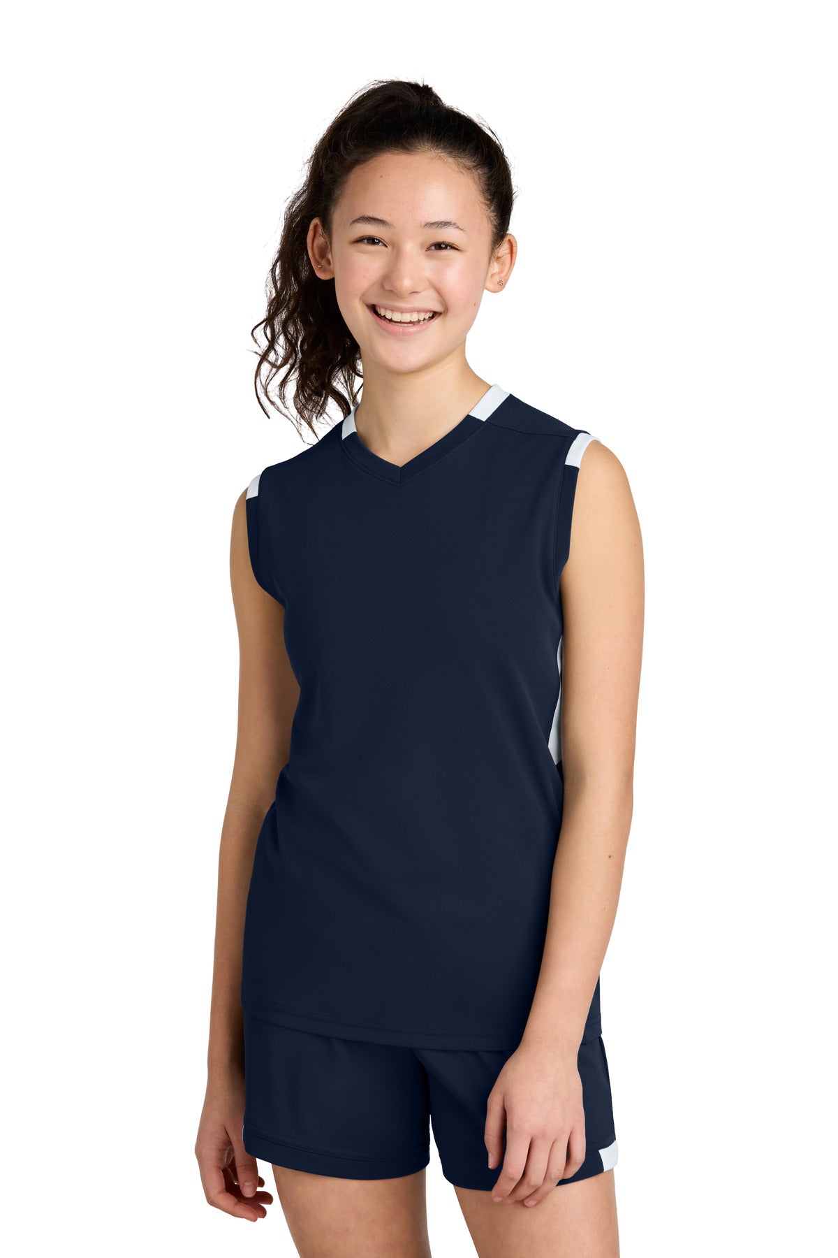Sport-Tek Youth Club Sleeveless V-Neck - True Navy/ White