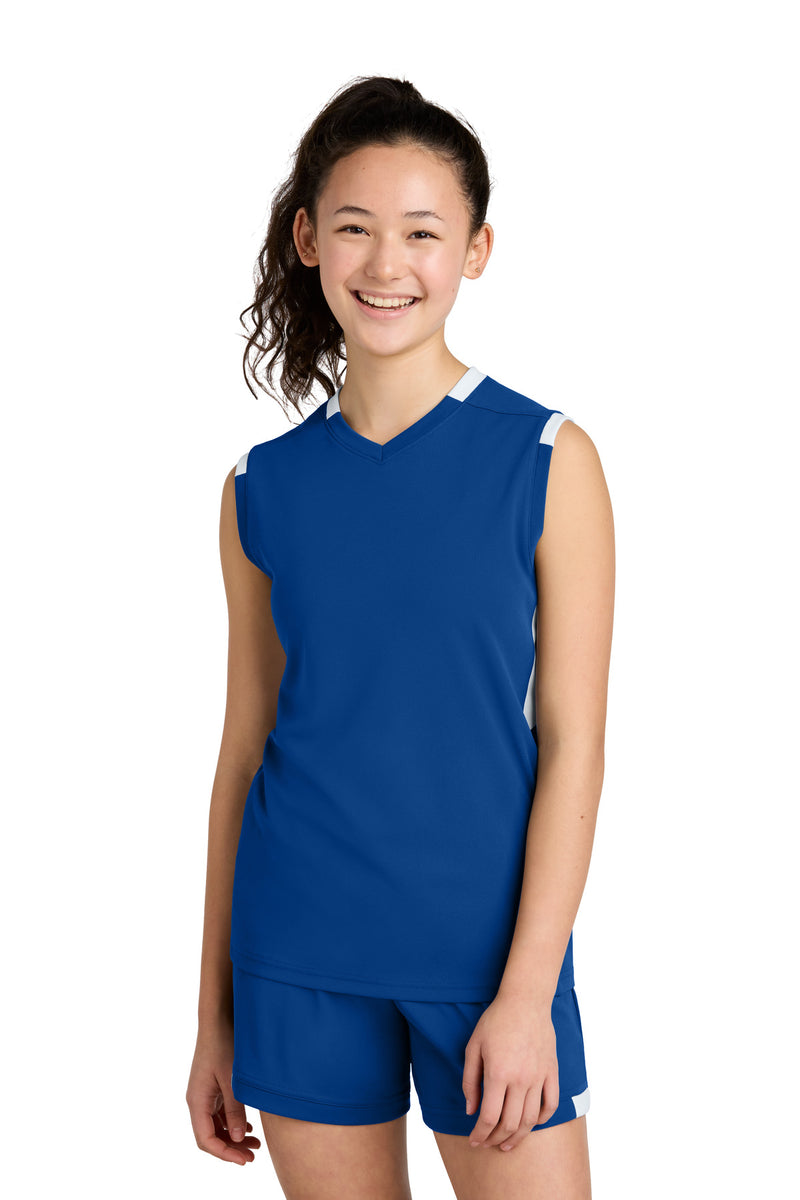 Sport-Tek Youth Club Sleeveless V-Neck - True Royal/ White