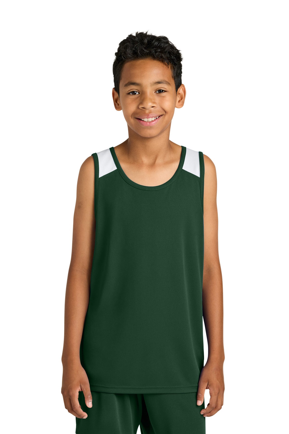 Sport-Tek Youth Club Track Tank - Forest Green/ White