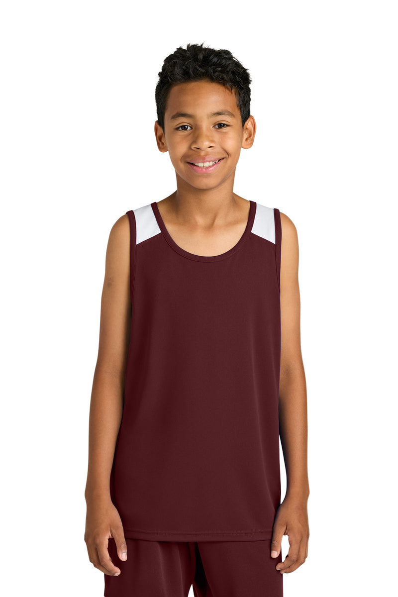 Sport-Tek Youth Club Track Tank - Maroon/ White