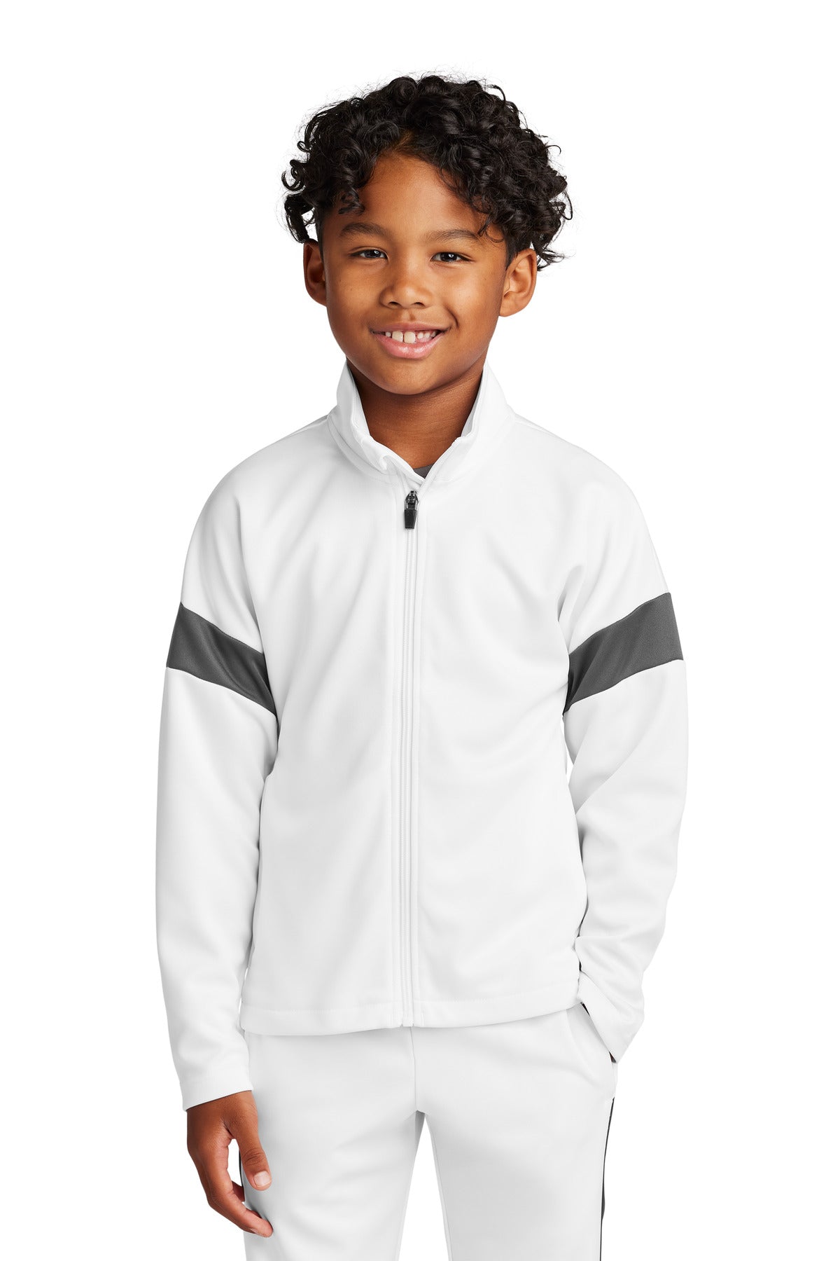 Sport-Tek Youth Travel Full-Zip Jacket - White/ Iron Grey