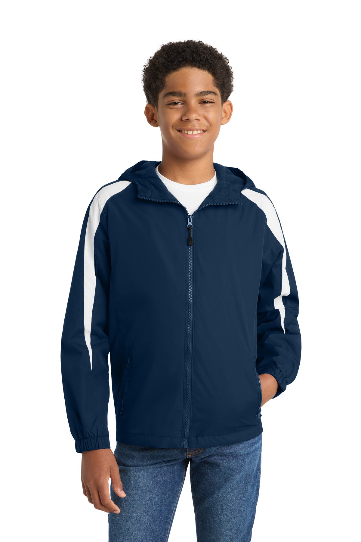 Sport-Tek Youth Fleece-Lined Colorblock Jacket - True Navy/ White