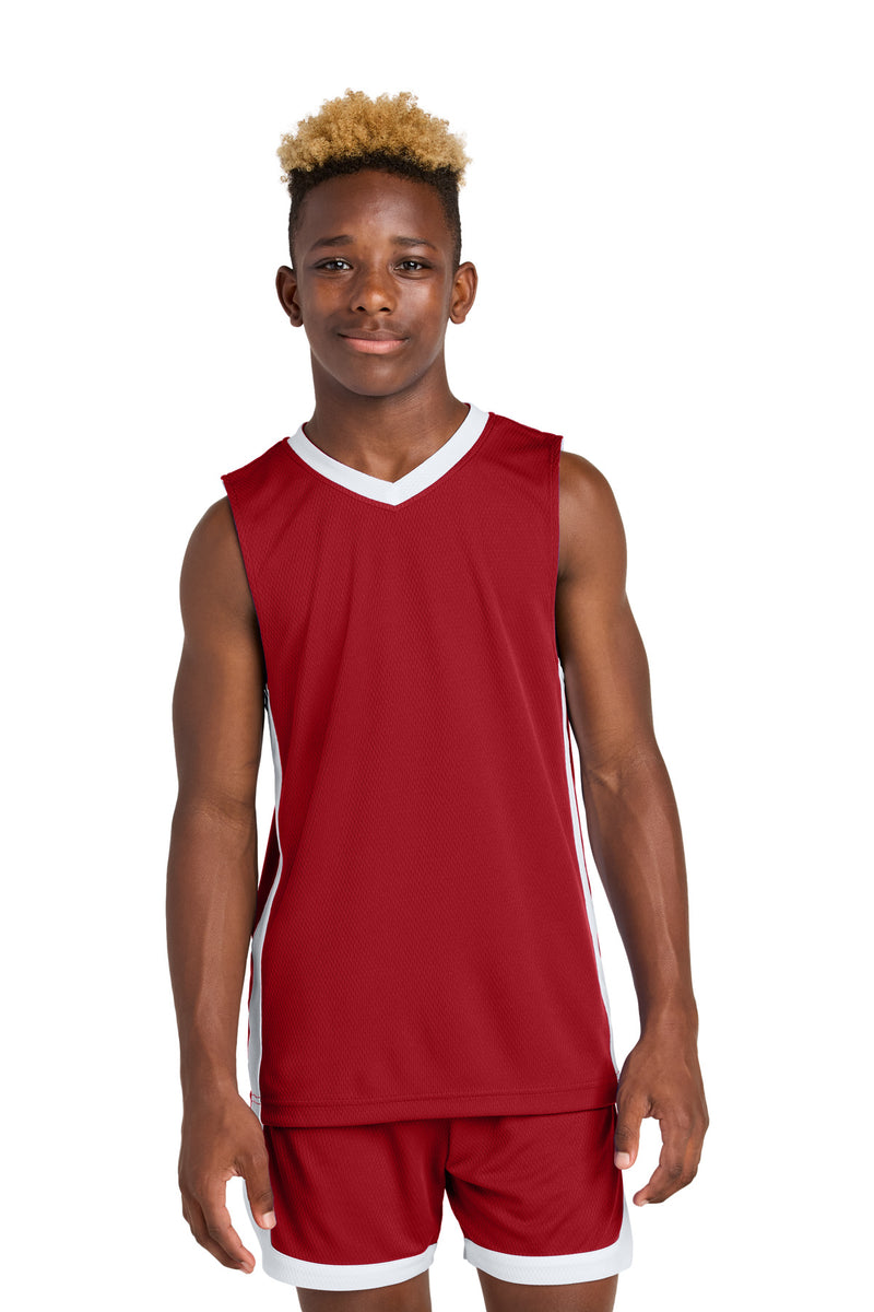 Sport-Tek Youth Rival Basketball Rev Jersey - Deep Red/ White