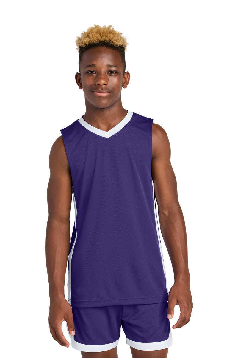 Sport-Tek Youth Rival Basketball Rev Jersey - Purple/ White