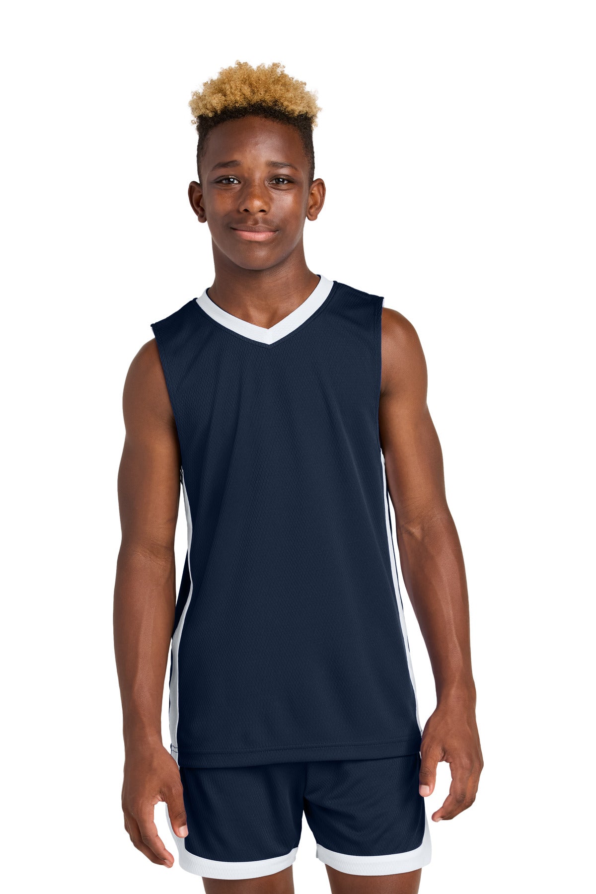 Sport-Tek Youth Rival Basketball Rev Jersey - True Navy/ White