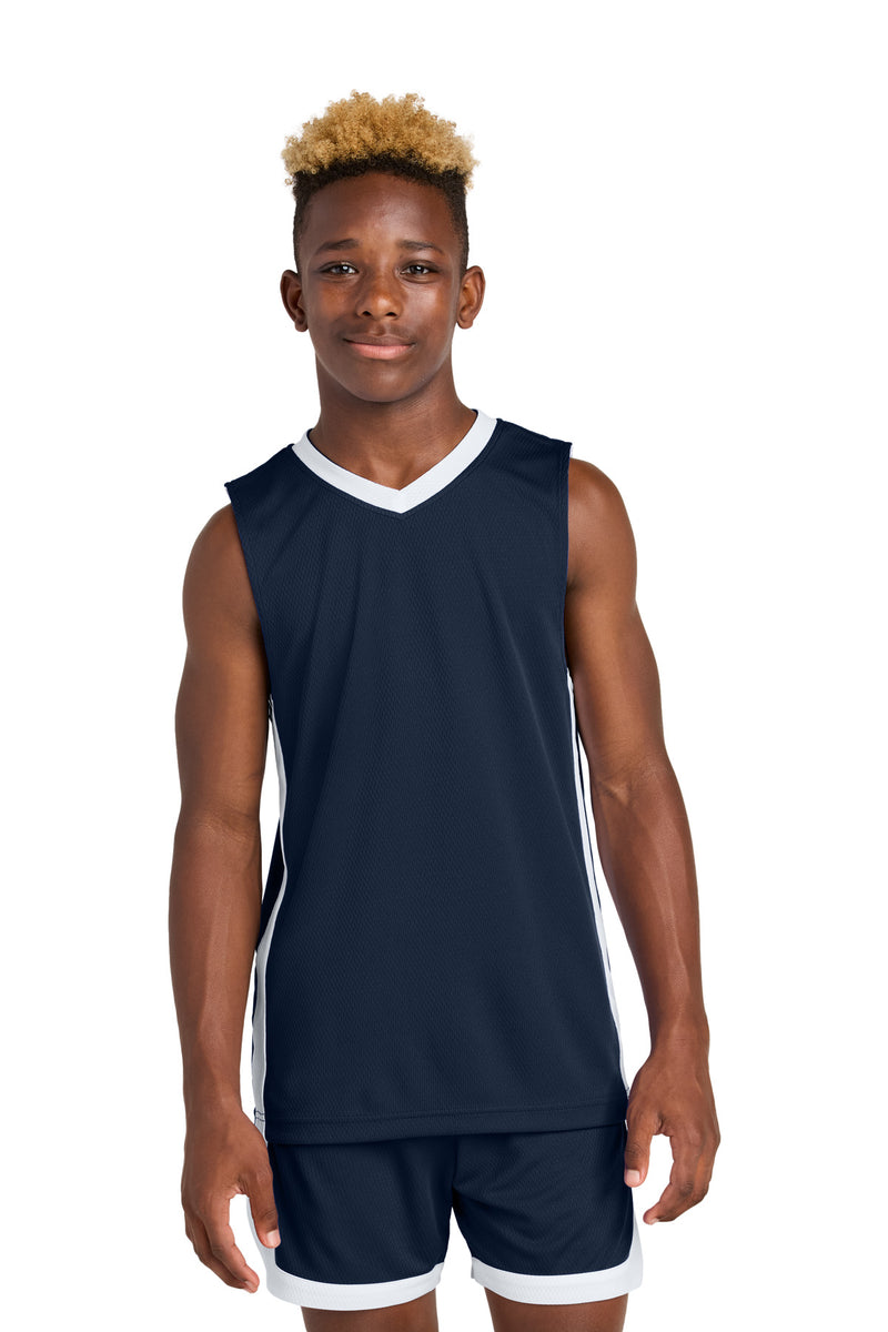Sport-Tek Youth Rival Basketball Rev Jersey - True Navy/ White