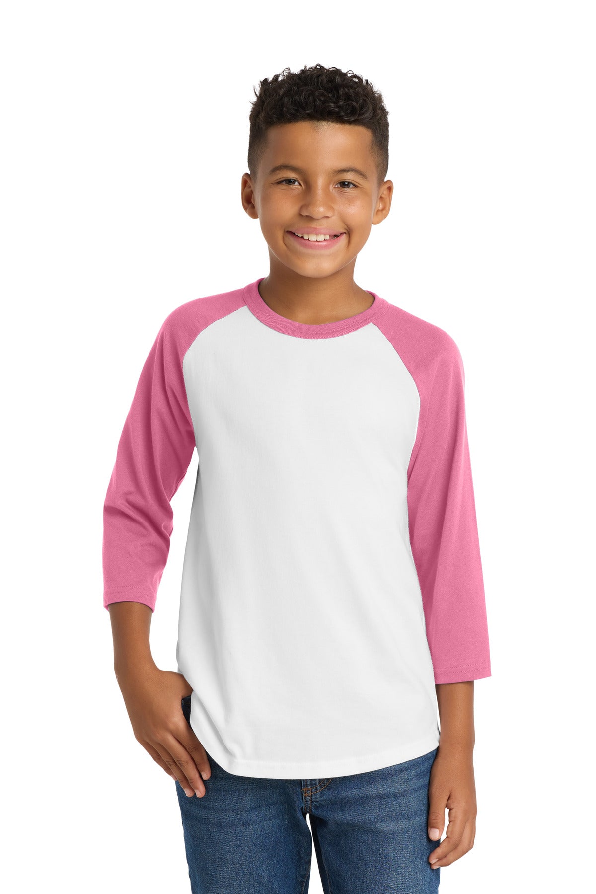 Sport-Tek Youth Colorblock Raglan Jersey - White/ Bright Pink